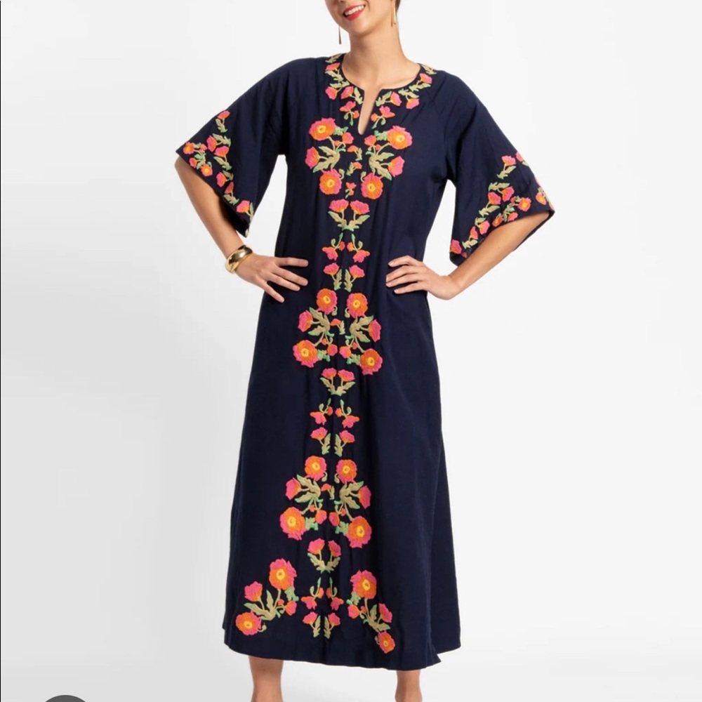 Frances Valentine Navy Maxi Dress with Pink & Orange Floral Embroidery